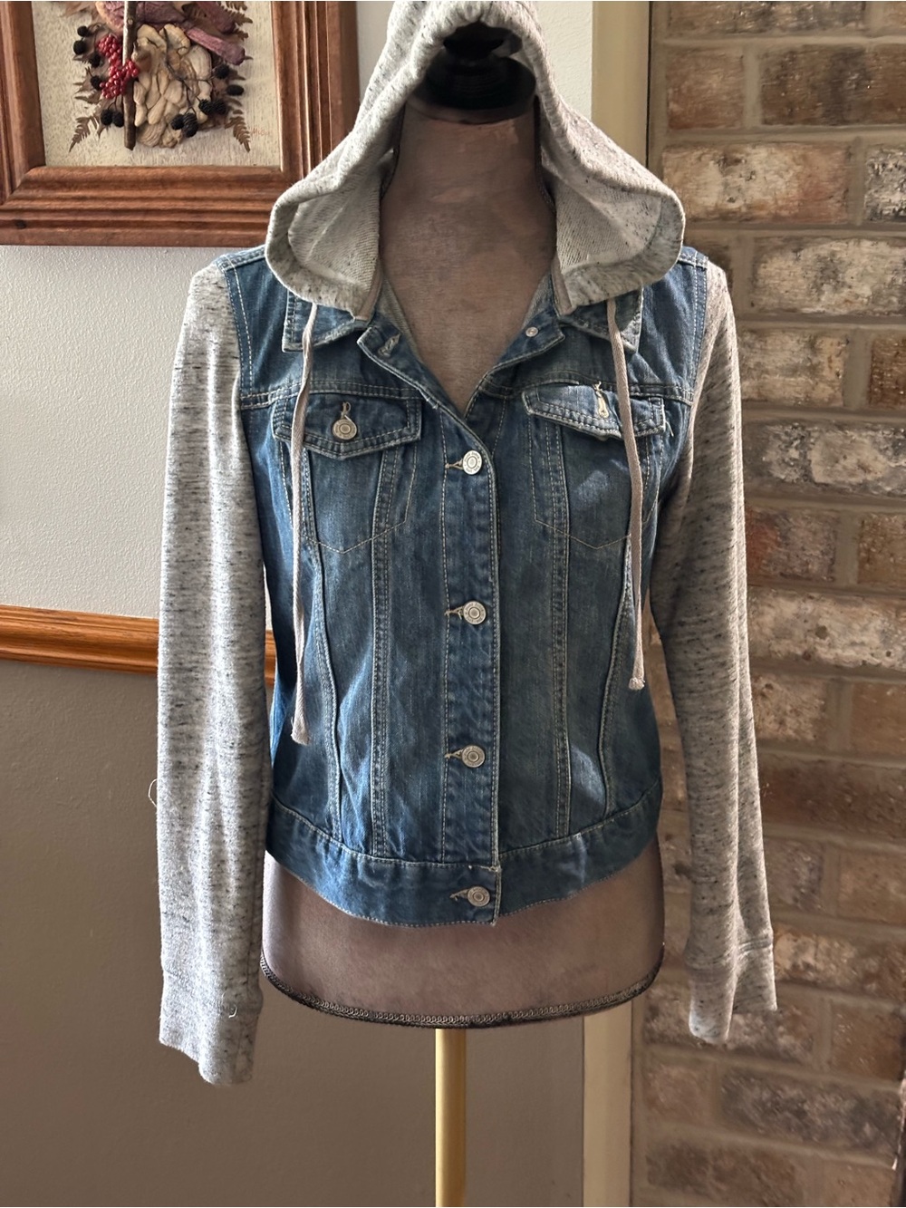 Mudd Blue Denim Jacket with Grey Hooded Knit Sleeves